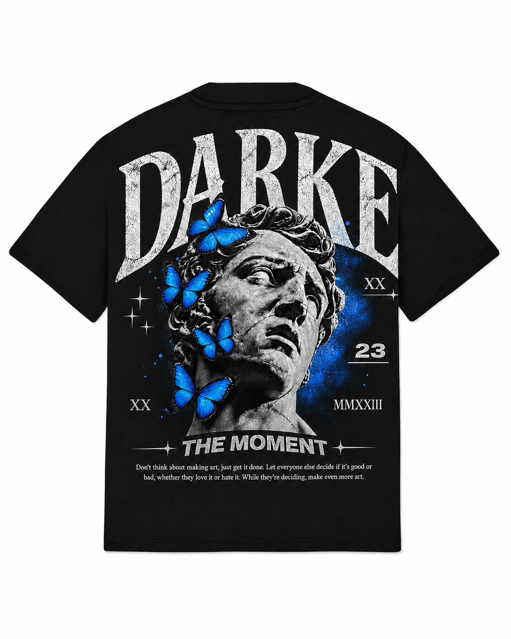 DARKE The Moment Oversized T-Shirt with classical-inspired graphic and blue butterfly artwork