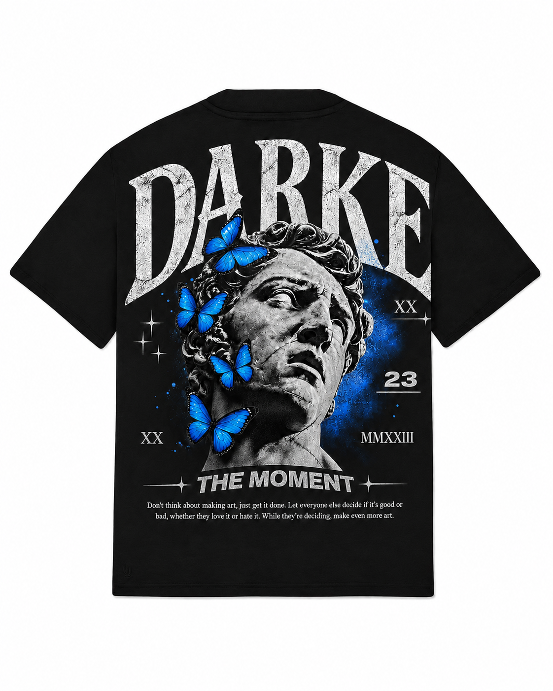 DARKE The Moment Oversized T-Shirt with classical-inspired graphic and blue butterfly artwork