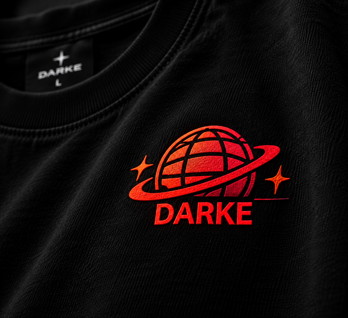DARKE chest logo close-up detail