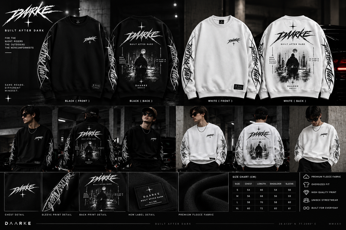 DARKE Built After Dark sweatshirt black and white product presentation with front back model views and details