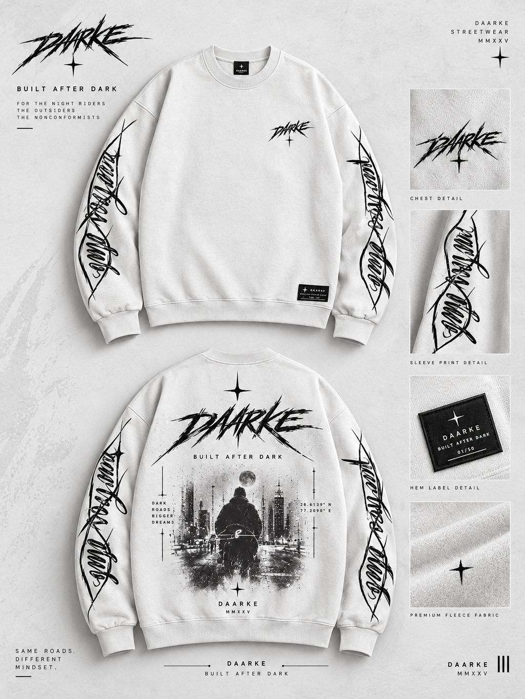 DARKE Built After Dark white sweatshirt front back and detail presentation