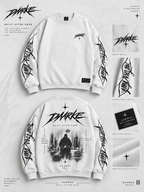 DARKE Built After Dark white sweatshirt front back and detail presentation