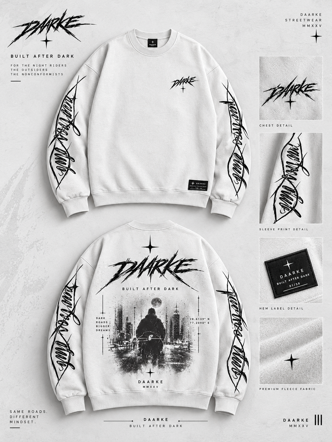 DARKE Built After Dark white sweatshirt front back and detail presentation