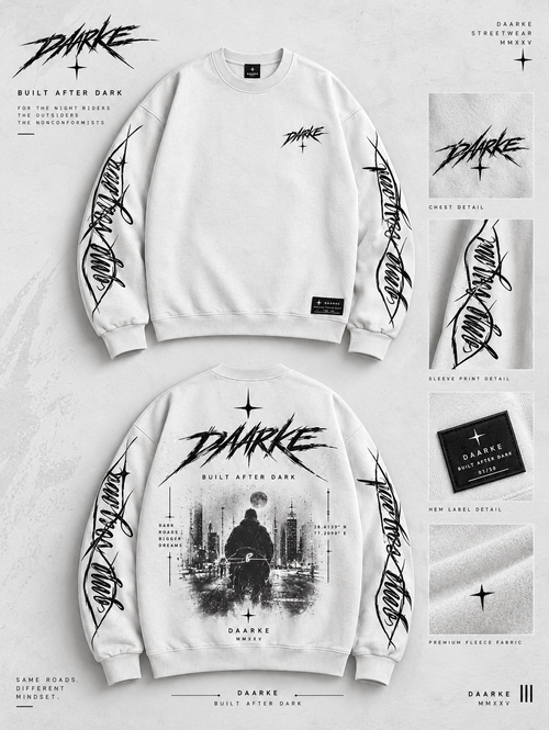 DARKE Built After Dark white sweatshirt front back and detail presentation