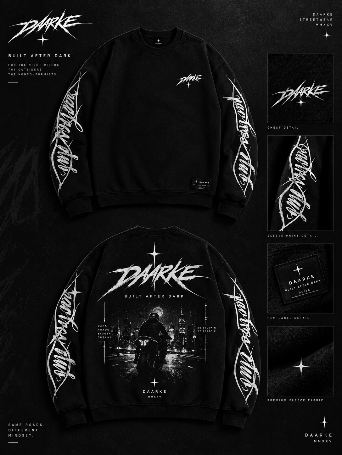 DARKE Built After Dark premium black fleece sweatshirt front back and detail presentation