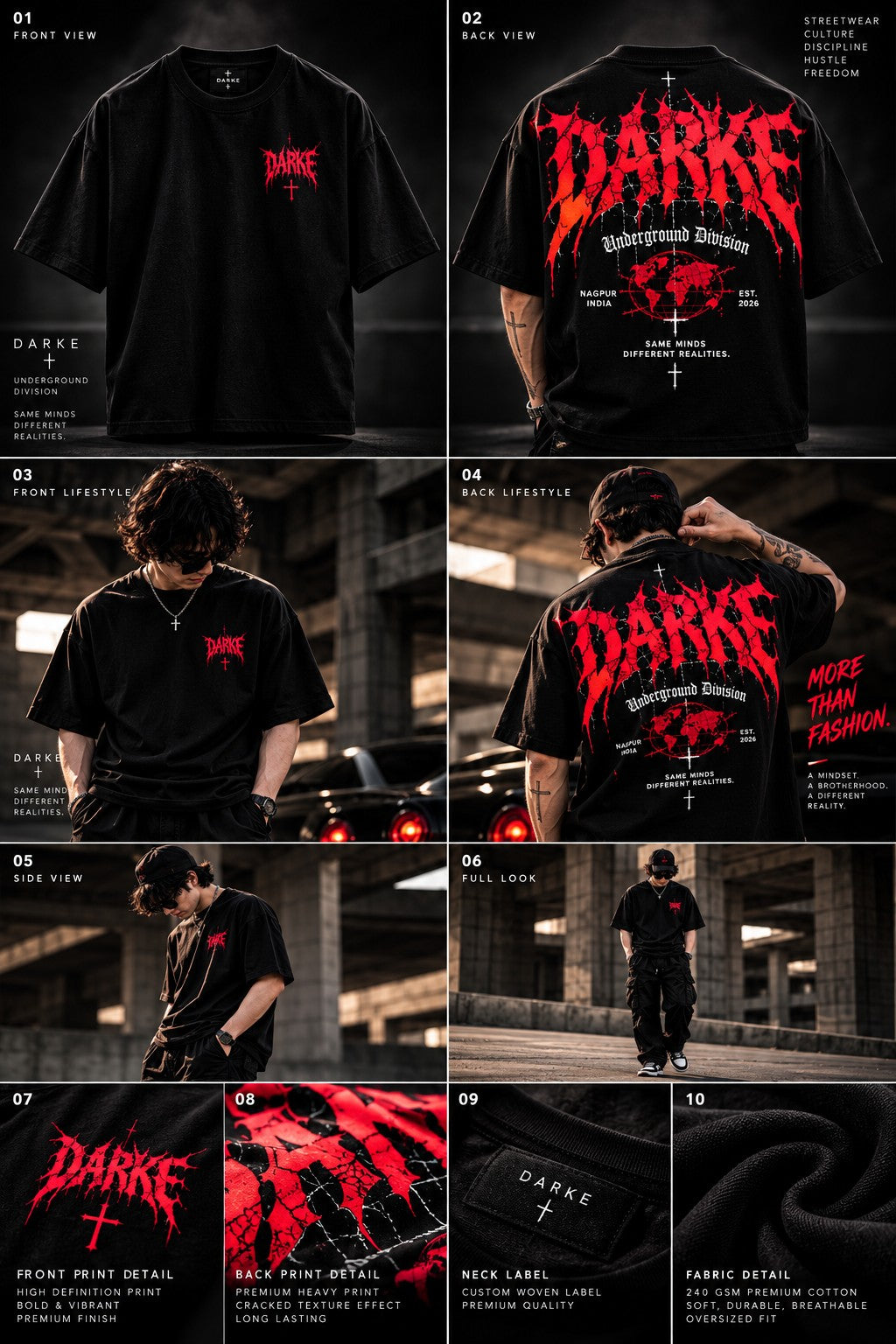 DARKE Underground Division 240 GSM oversized black T-shirt product presentation