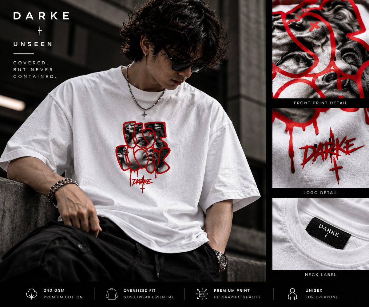 DARKE UNSEEN oversized T-shirt front detail lifestyle photo