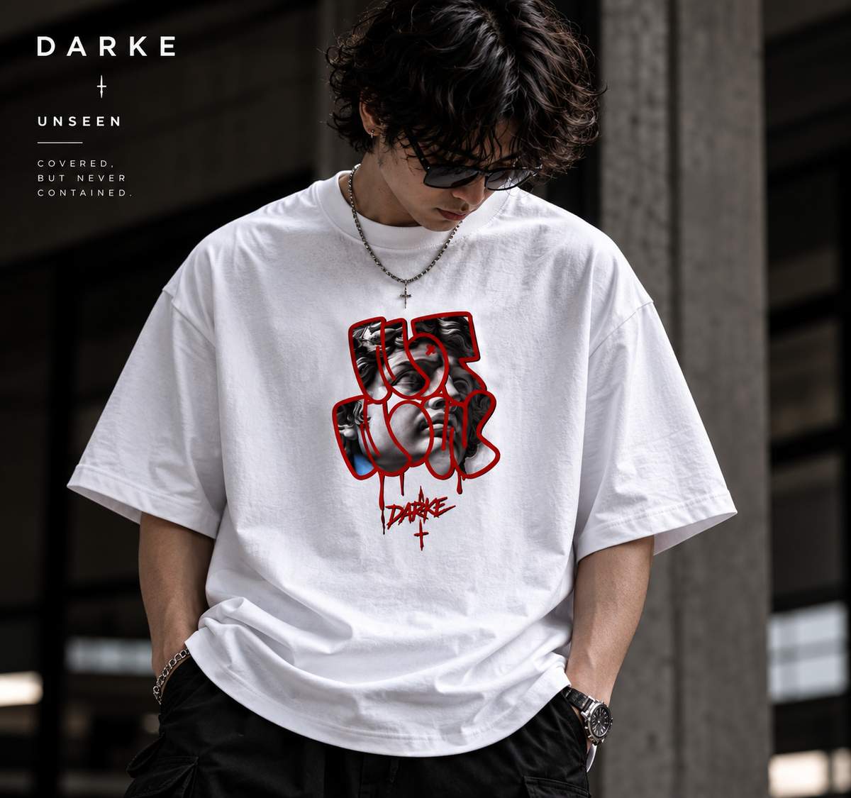 DARKE UNSEEN oversized T-shirt front lifestyle photo