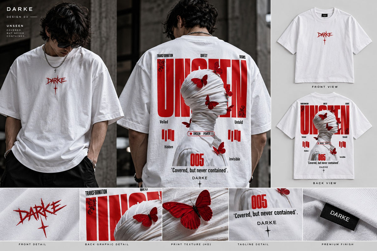 DARKE UNSEEN white oversized T-shirt front and back design